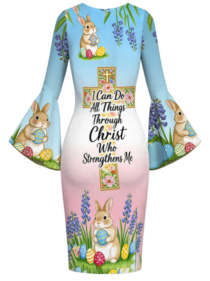 Pastel Easter Bunny Christian Cross Flare Sleeve Bodycon Midi Dress