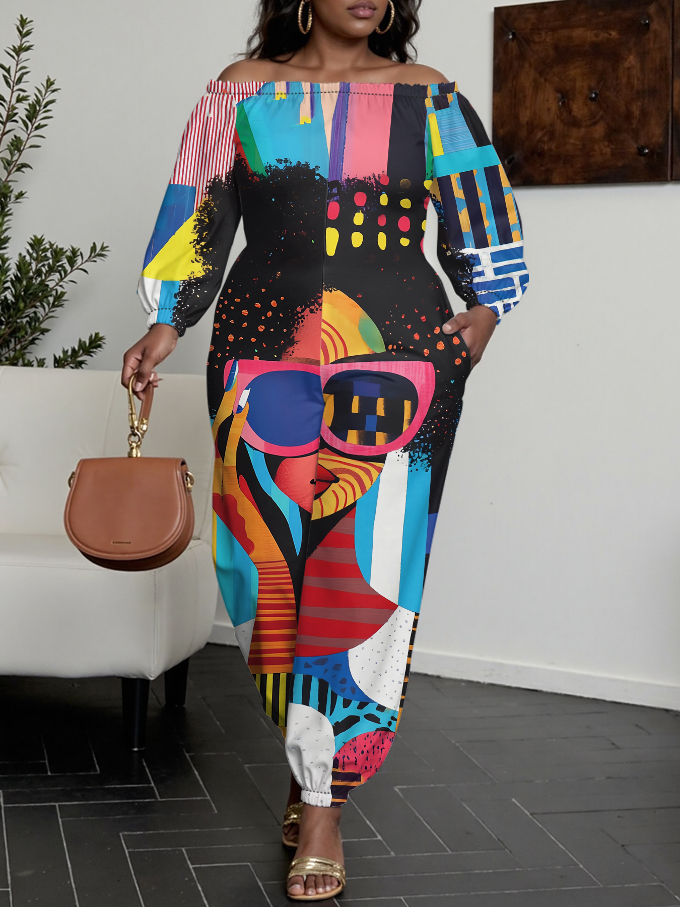 Afro Pop Art Off-Shoulder Jumpsuit