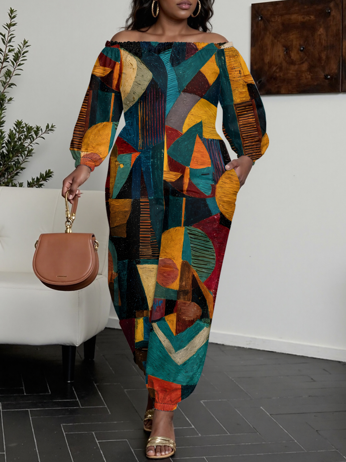 Geometric Abstract Art Off-Shoulder Jumpsuit