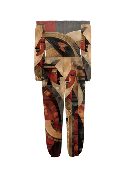 African Cubist Art Off-Shoulder Jumpsuit
