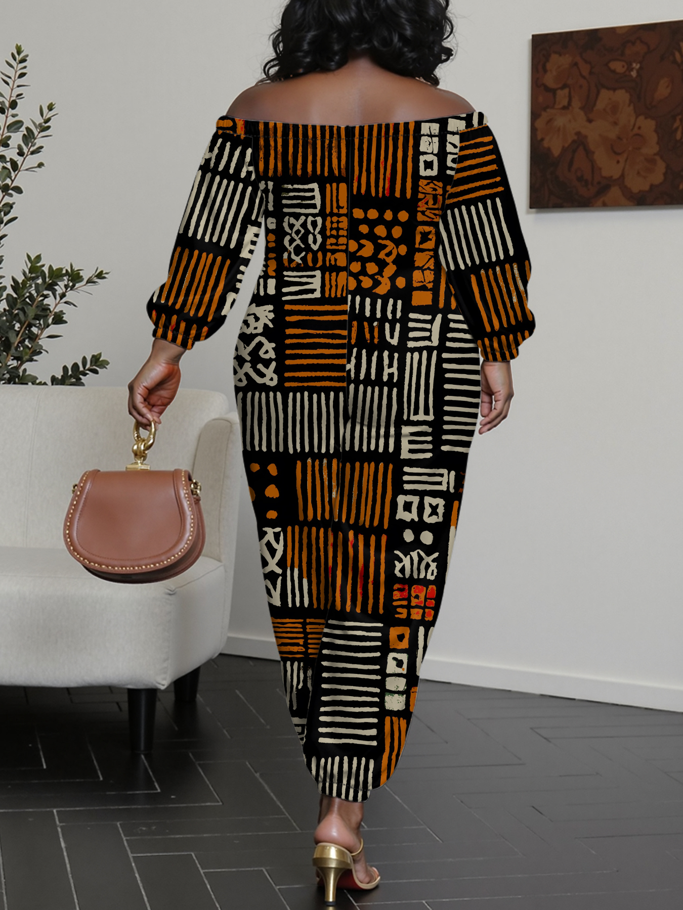 African Mudcloth Print Off-Shoulder Jumpsuit