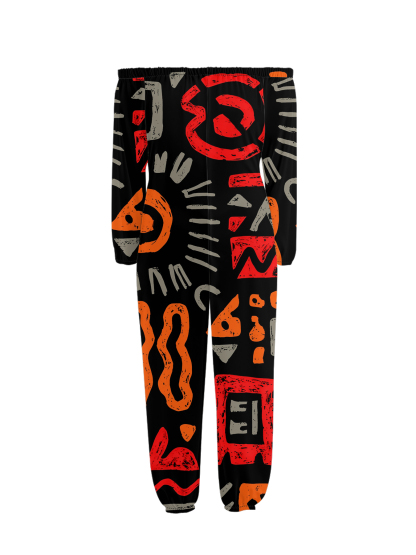 African Tribal Symbol Print Off-Shoulder Jumpsuit