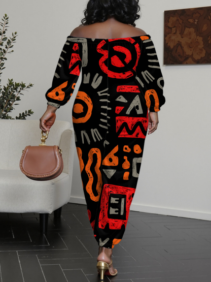 African Tribal Symbol Print Off-Shoulder Jumpsuit