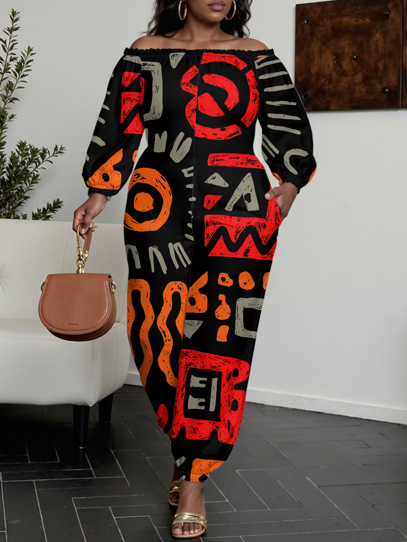 African Tribal Symbol Print Off-Shoulder Jumpsuit