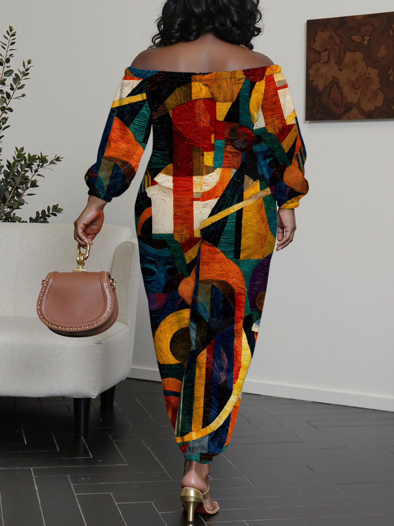 Cubist Abstract Art Off-Shoulder Jumpsuit