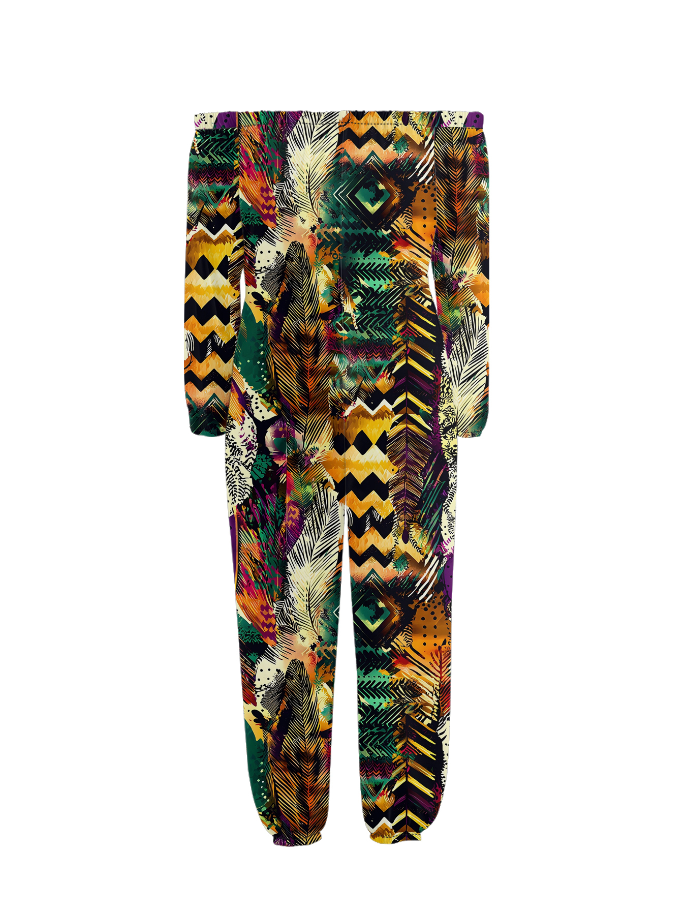 Tropical Feather Tribal Print Off-Shoulder Jumpsuit