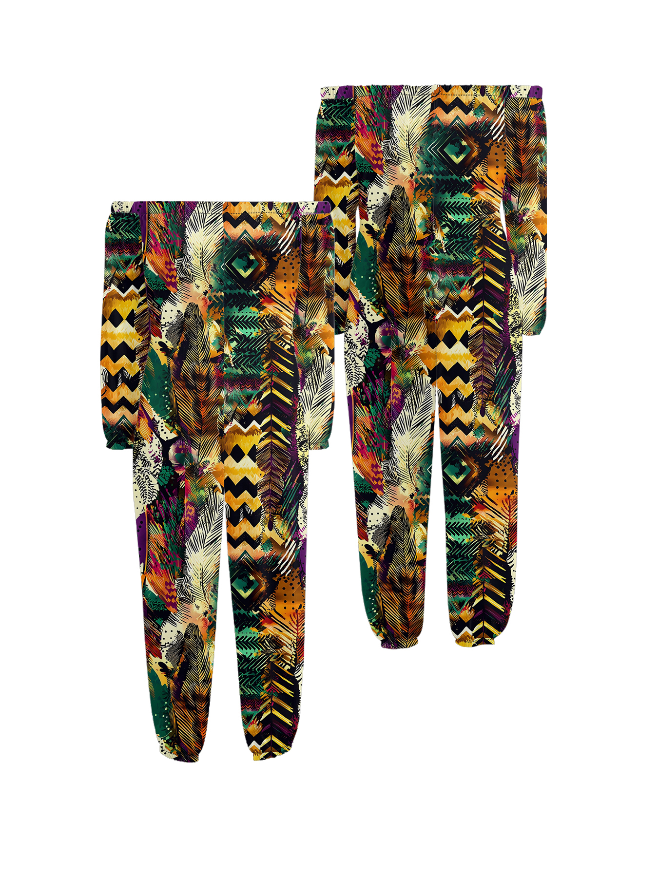 Tropical Feather Tribal Print Off-Shoulder Jumpsuit