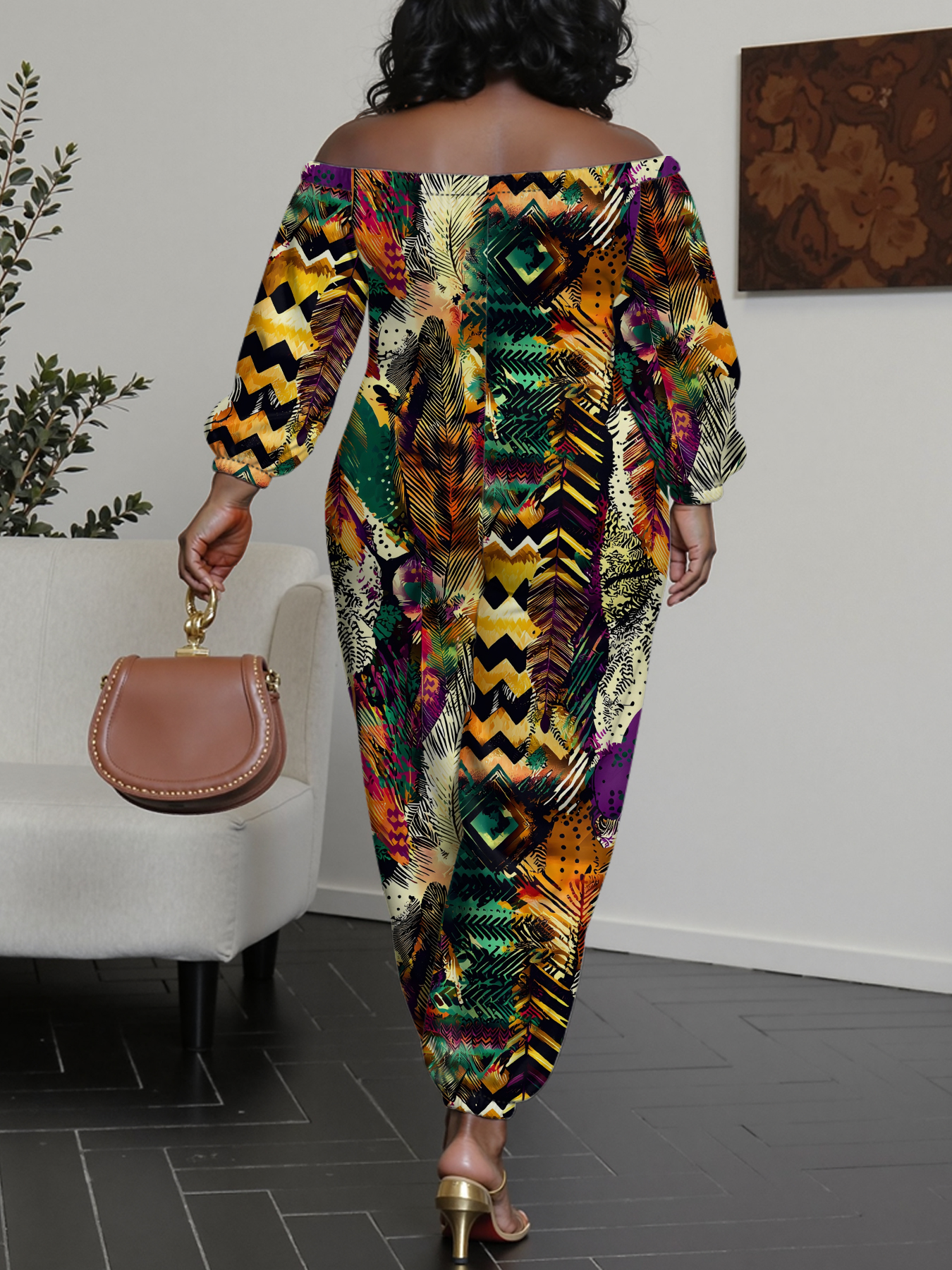 Tropical Feather Tribal Print Off-Shoulder Jumpsuit