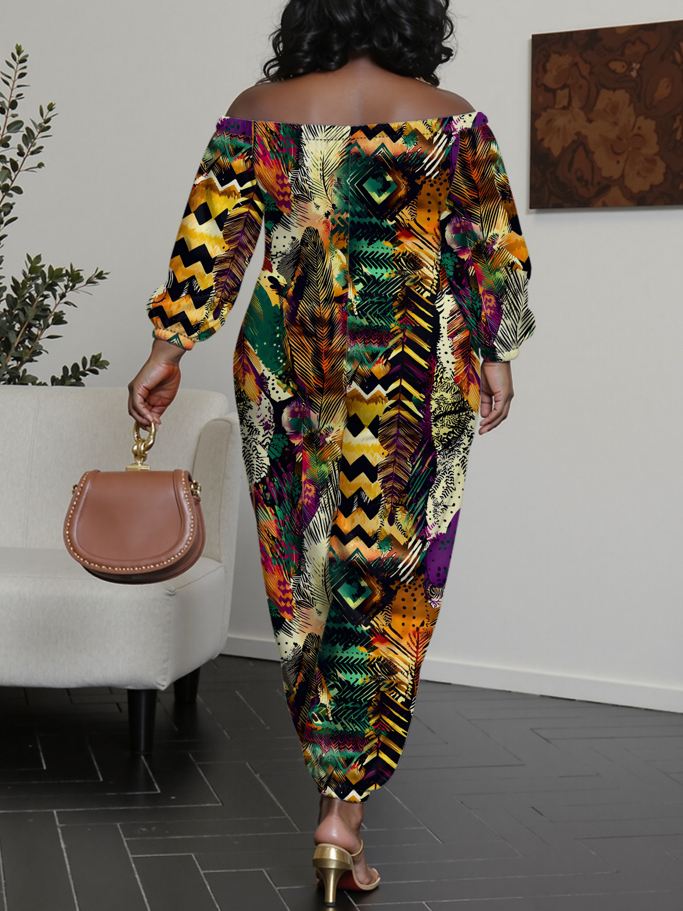 Tropical Feather Tribal Print Off-Shoulder Jumpsuit