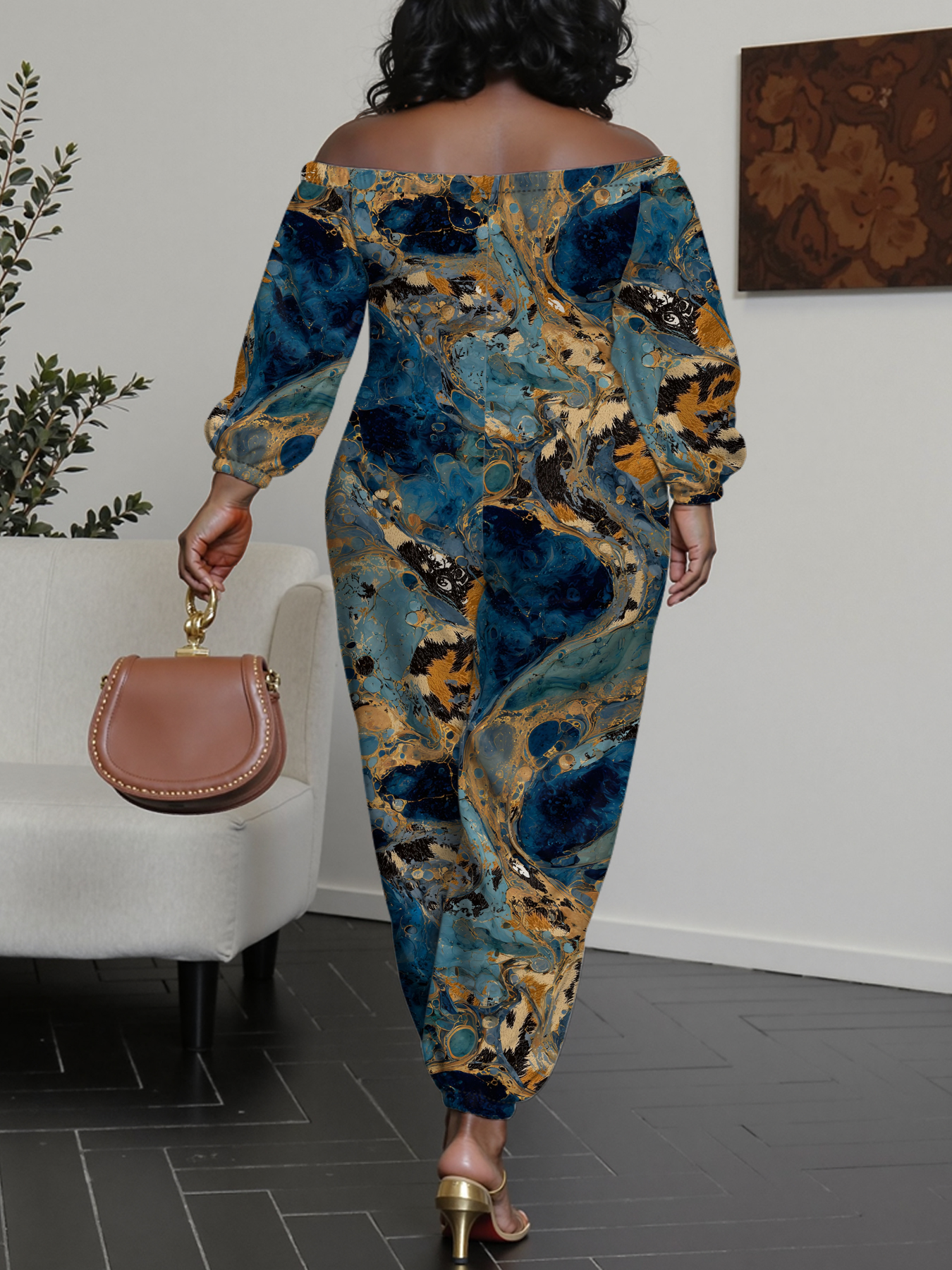 Blue & Gold Marble Off-Shoulder Jumpsuit