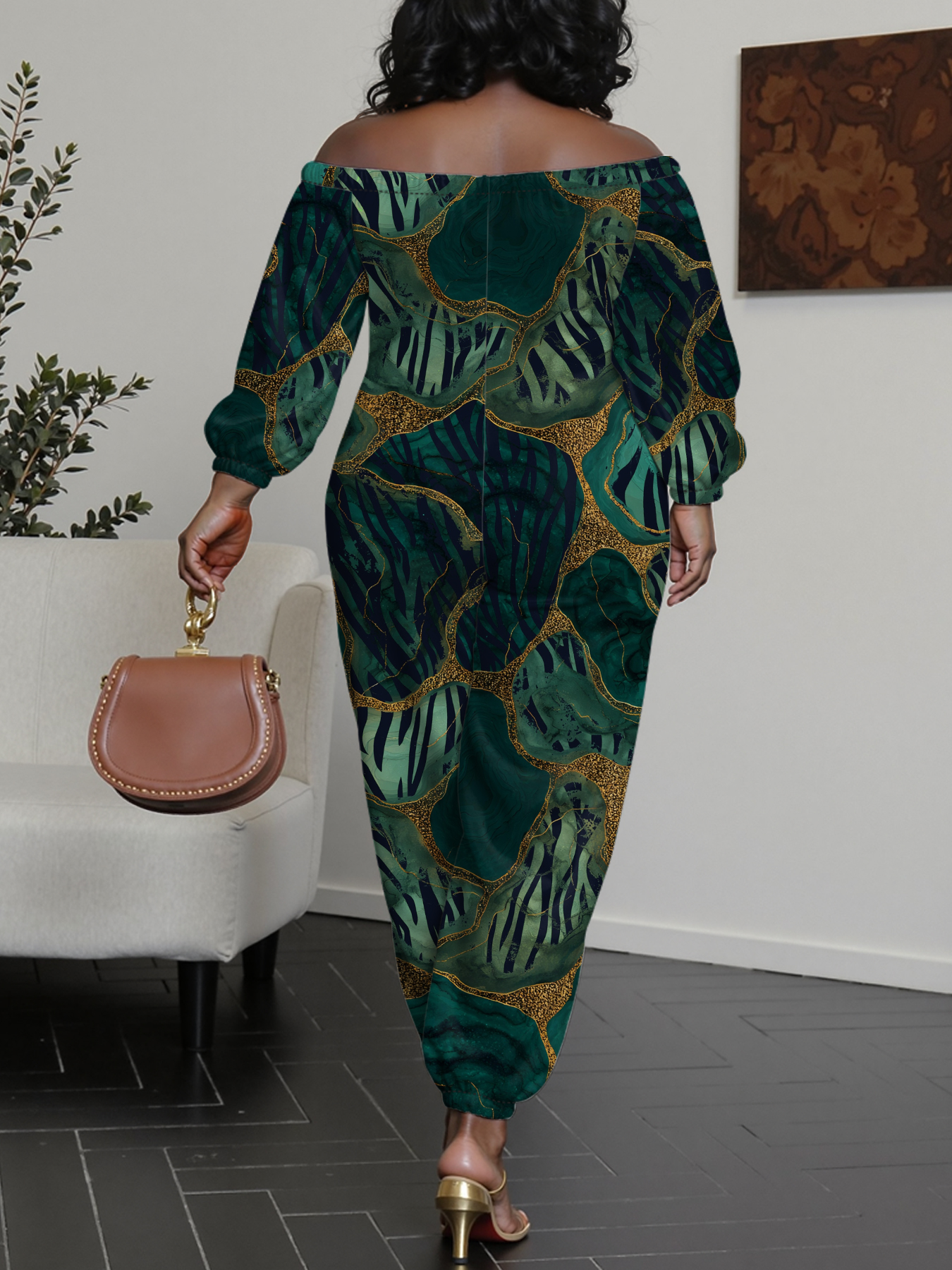 Emerald Green & Gold Marble Off-Shoulder Jumpsuit