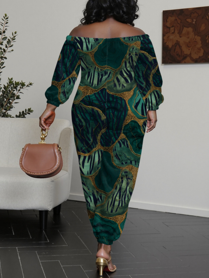 Emerald Green & Gold Marble Off-Shoulder Jumpsuit