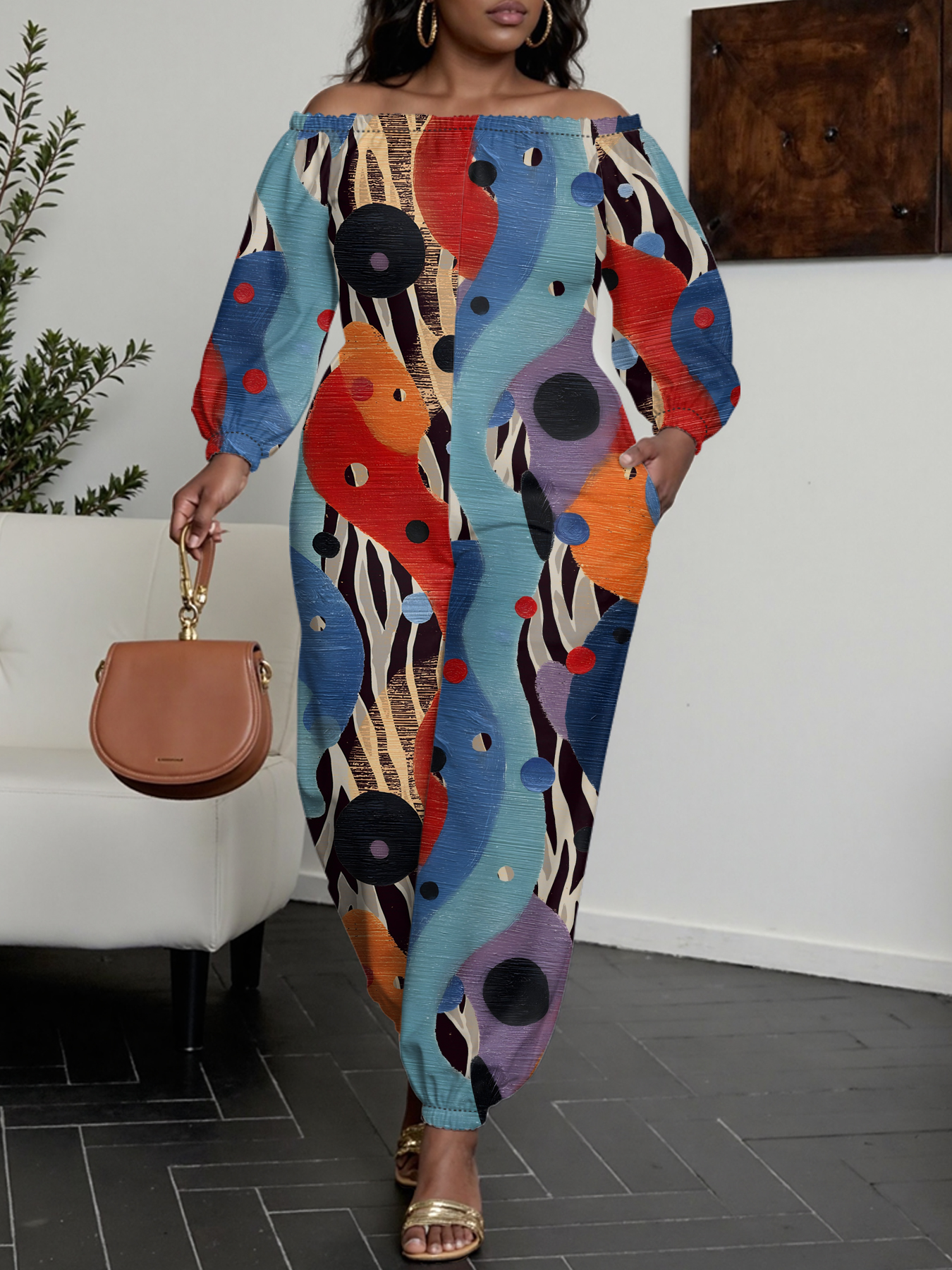 Colorful Abstract Dot & Stripe Off-Shoulder Jumpsuit