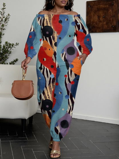 Colorful Abstract Dot & Stripe Off-Shoulder Jumpsuit