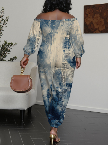 Vintage Newspaper Ink Wash Off-Shoulder Jumpsuit