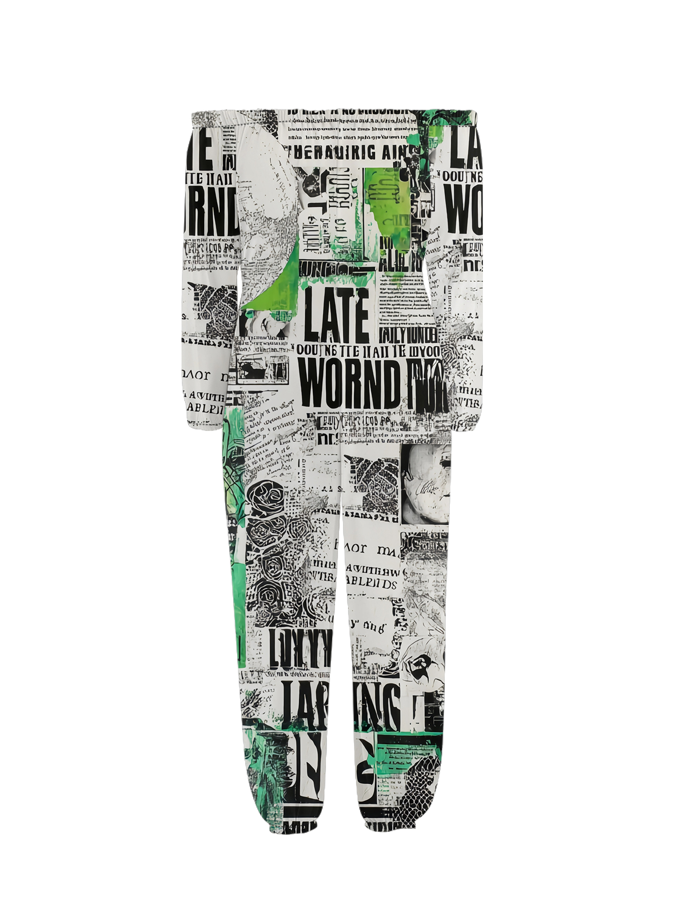Green Grunge Newspaper Collage Off-Shoulder Jumpsuit