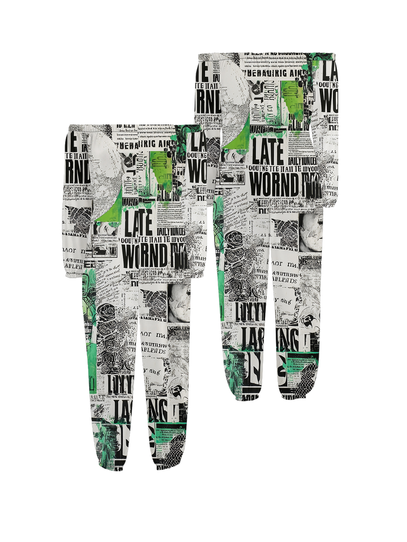 Green Grunge Newspaper Collage Off-Shoulder Jumpsuit