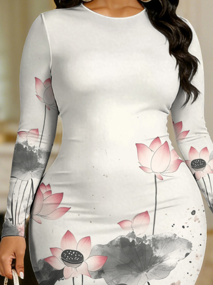 Ink Wash Lotus Round Sleeve Neck Long Bodycon Dress