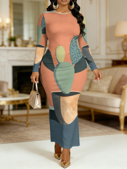 Cactus Print Round Sleeve Neck Long Bodycon Dress