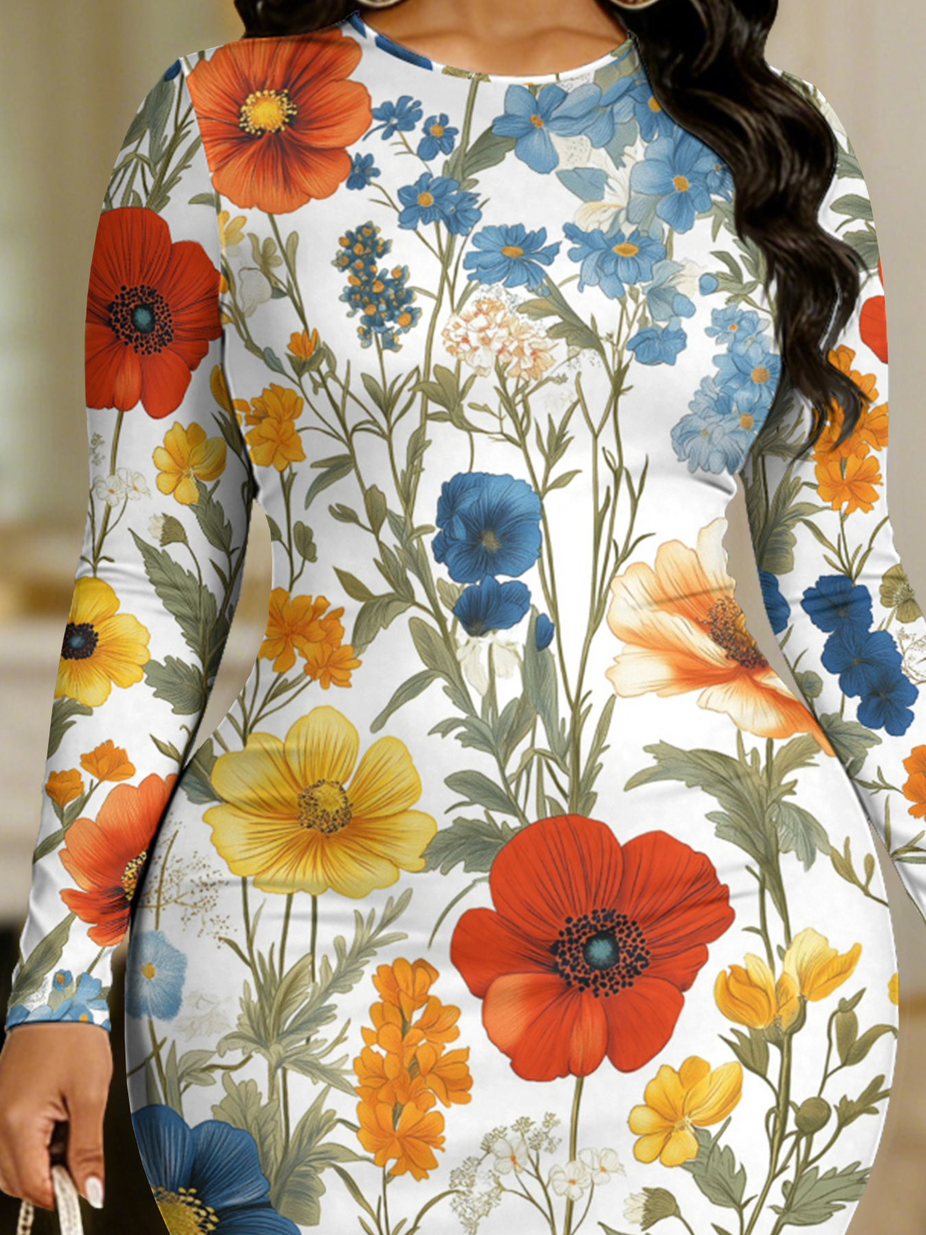 Vibrant Wildflower Round Sleeve Neck Long Bodycon Dress