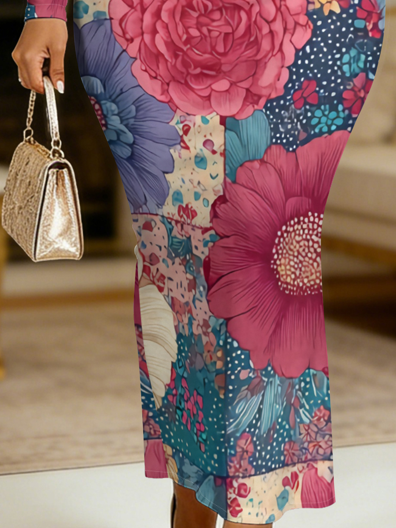 Patchwork Floral Round Sleeve Neck Long Bodycon Dress
