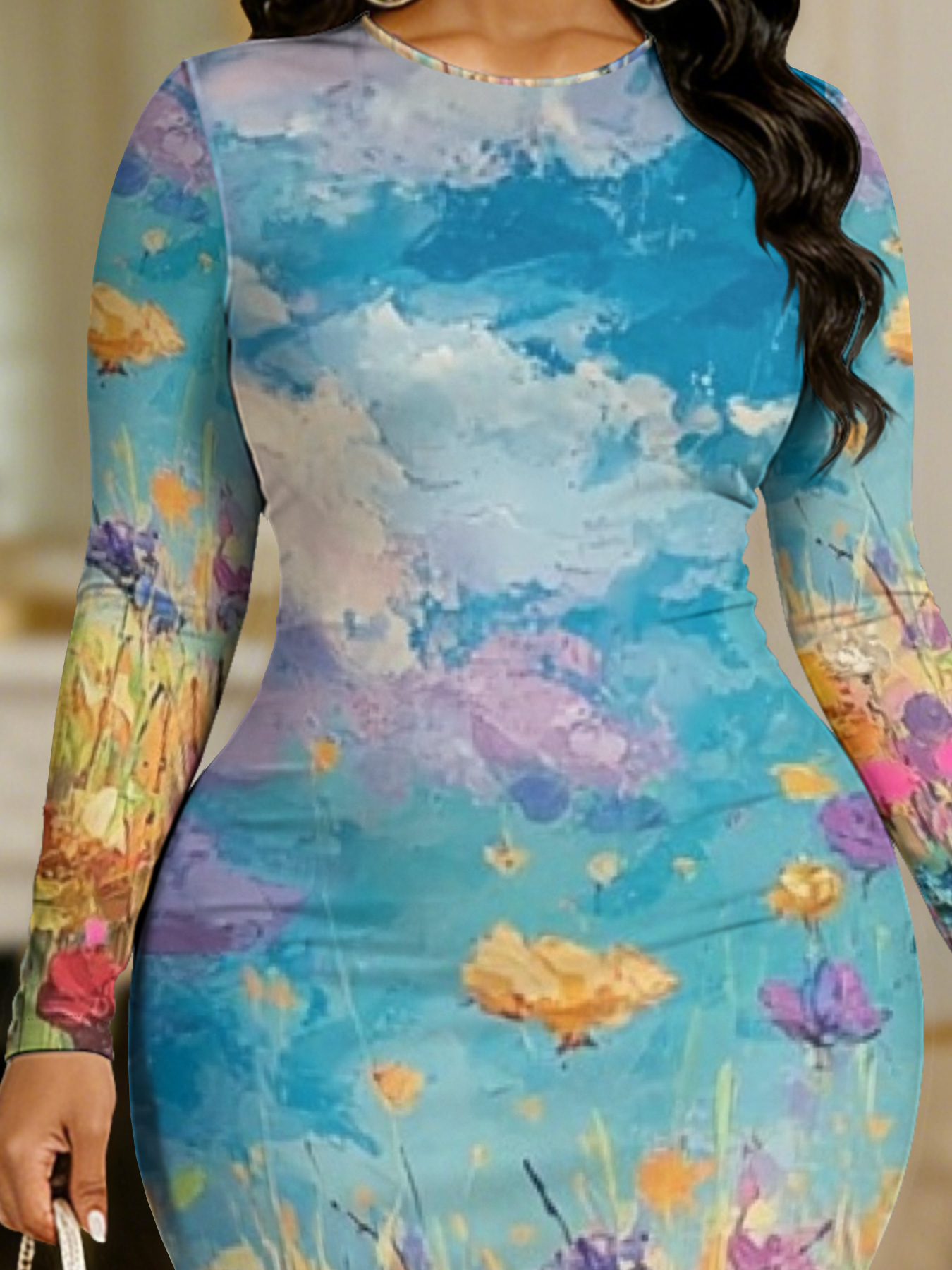 Impressionist Wildflower Round Sleeve Neck Long Bodycon Dress