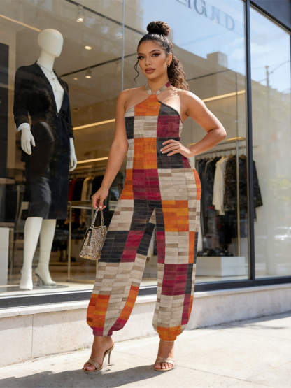 Color Block Block Sleeveless Halter Jumpsuit