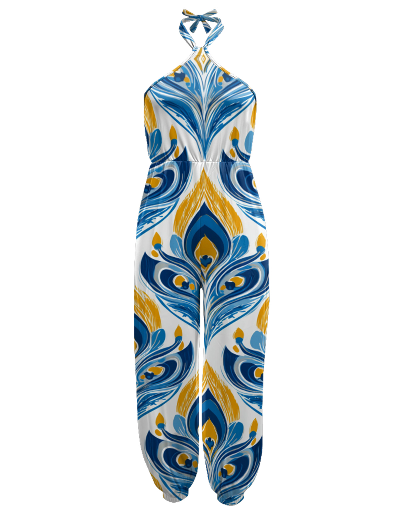 Peacock Feather Sleeveless Halter Jumpsuit