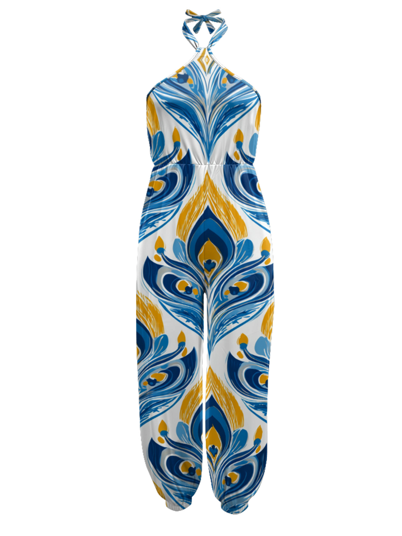 Peacock Feather Sleeveless Halter Jumpsuit