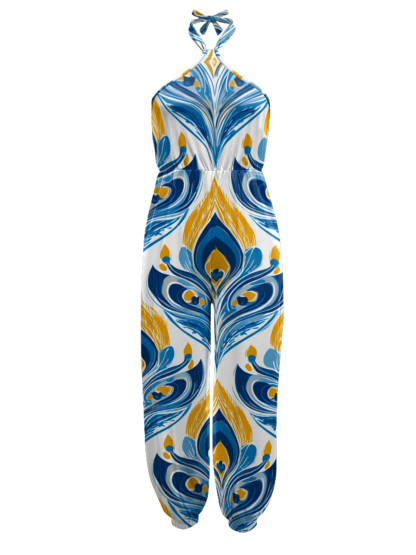 Peacock Feather Sleeveless Halter Jumpsuit