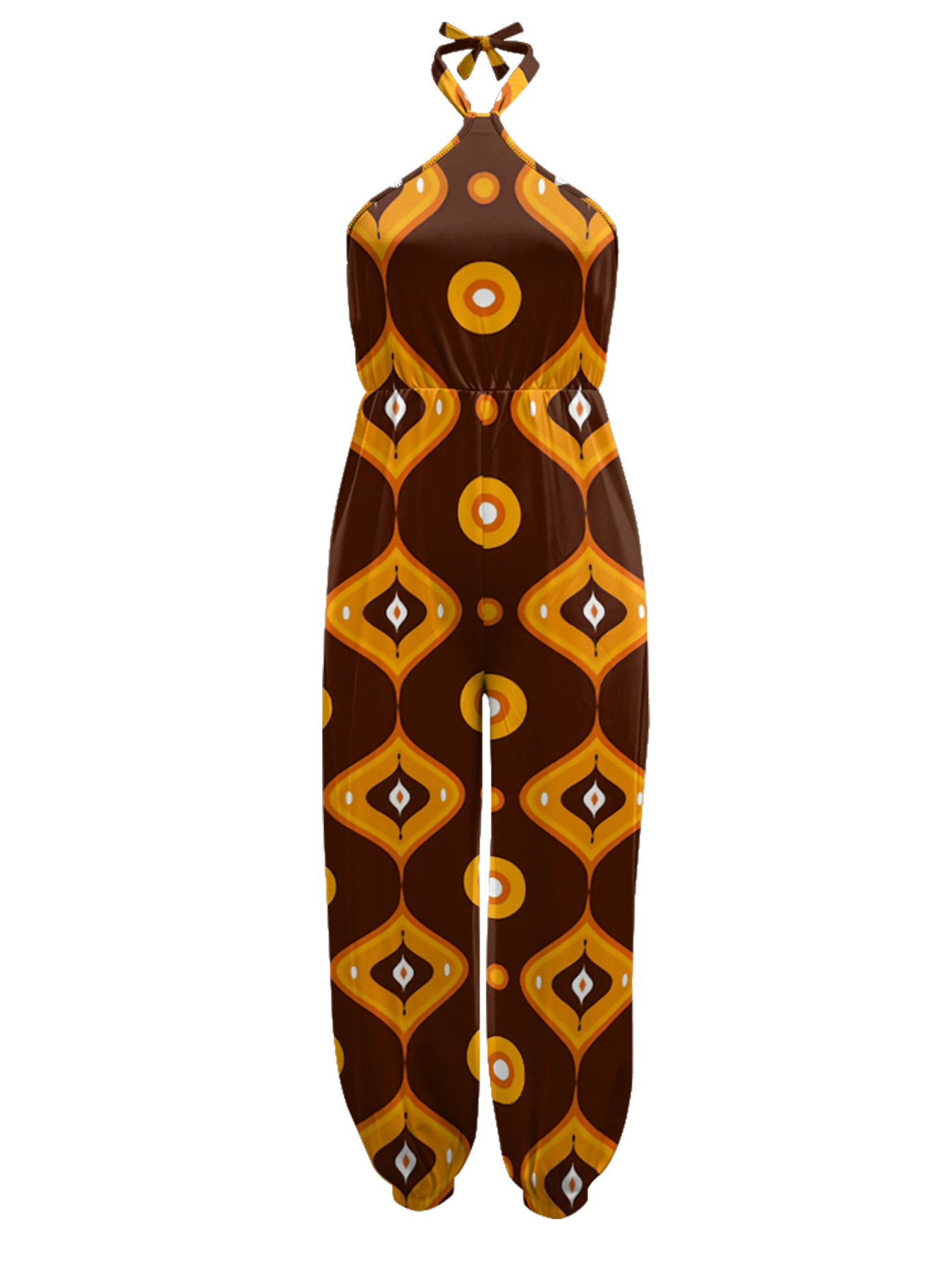 Earth Tone Geometric Sleeveless Halter Jumpsuit