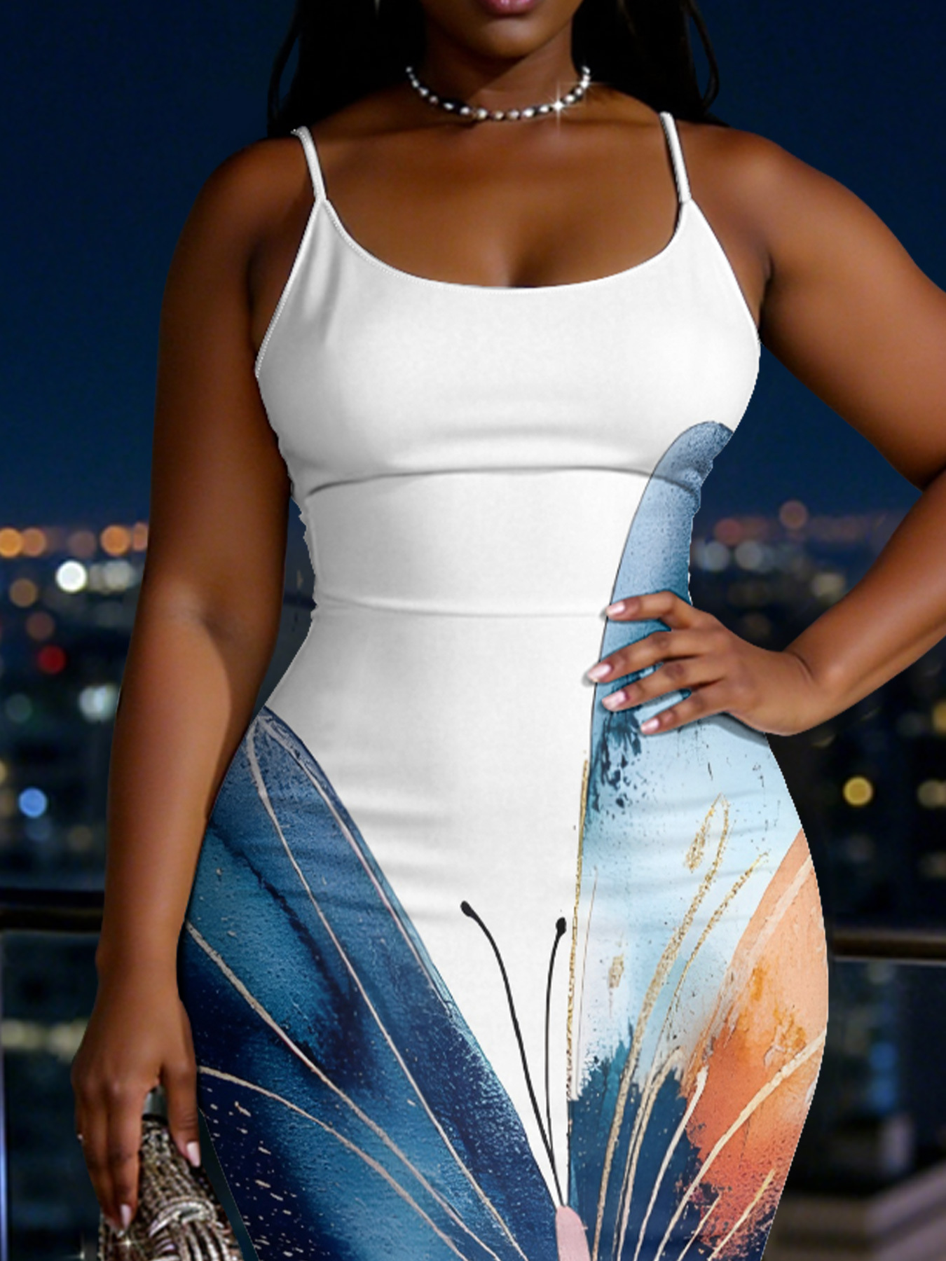 Watercolor Butterfly Spaghetti Strap Mermaid Dress