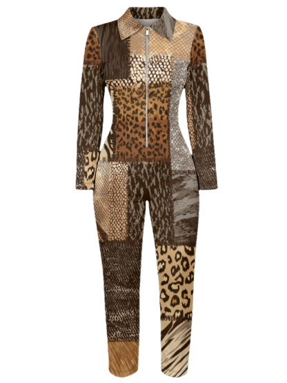Fit Patchwork Animal Print Long Sleeve Zip-Up Jumpsuit
