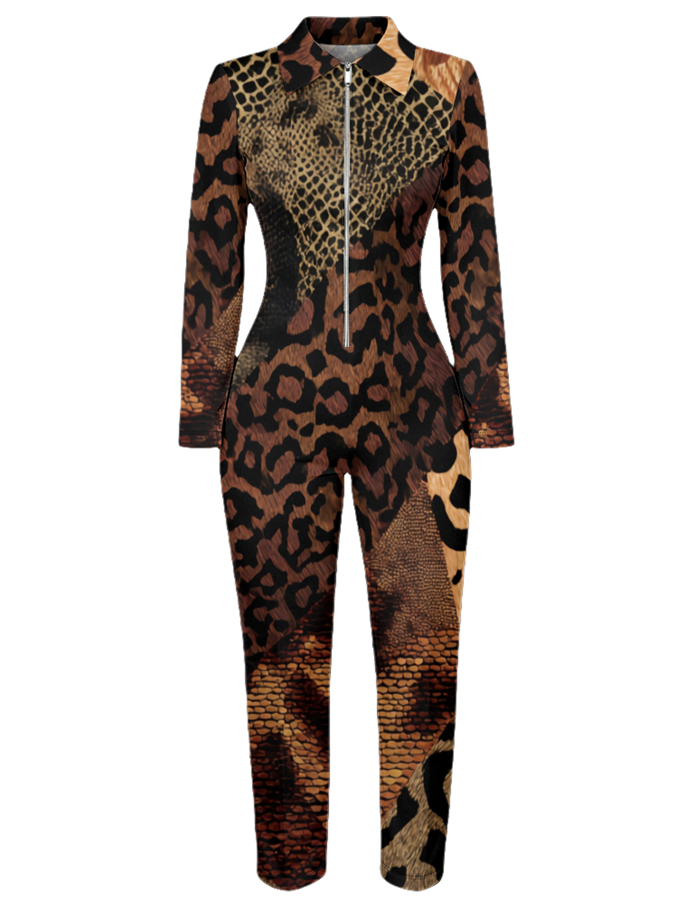 Leopard Snake Print Long Sleeve Zip-Up Jumpsuit