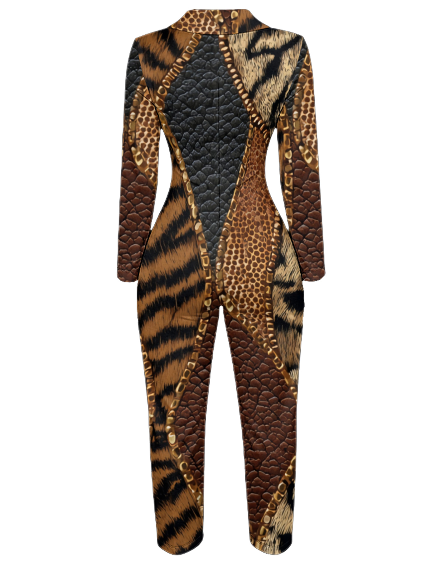 Mixed Safari Print Long Sleeve Zip-Up Jumpsuit