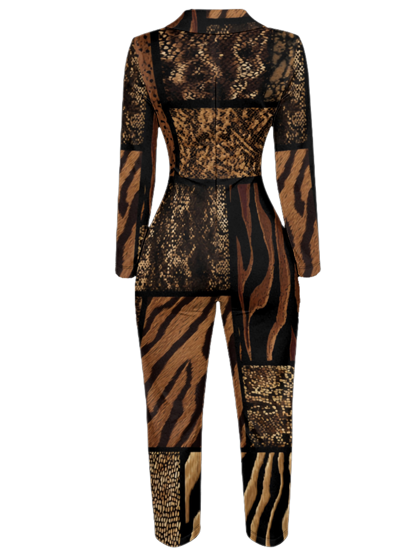 Mixed Animal Print Long Sleeve Zip-Up Jumpsuit