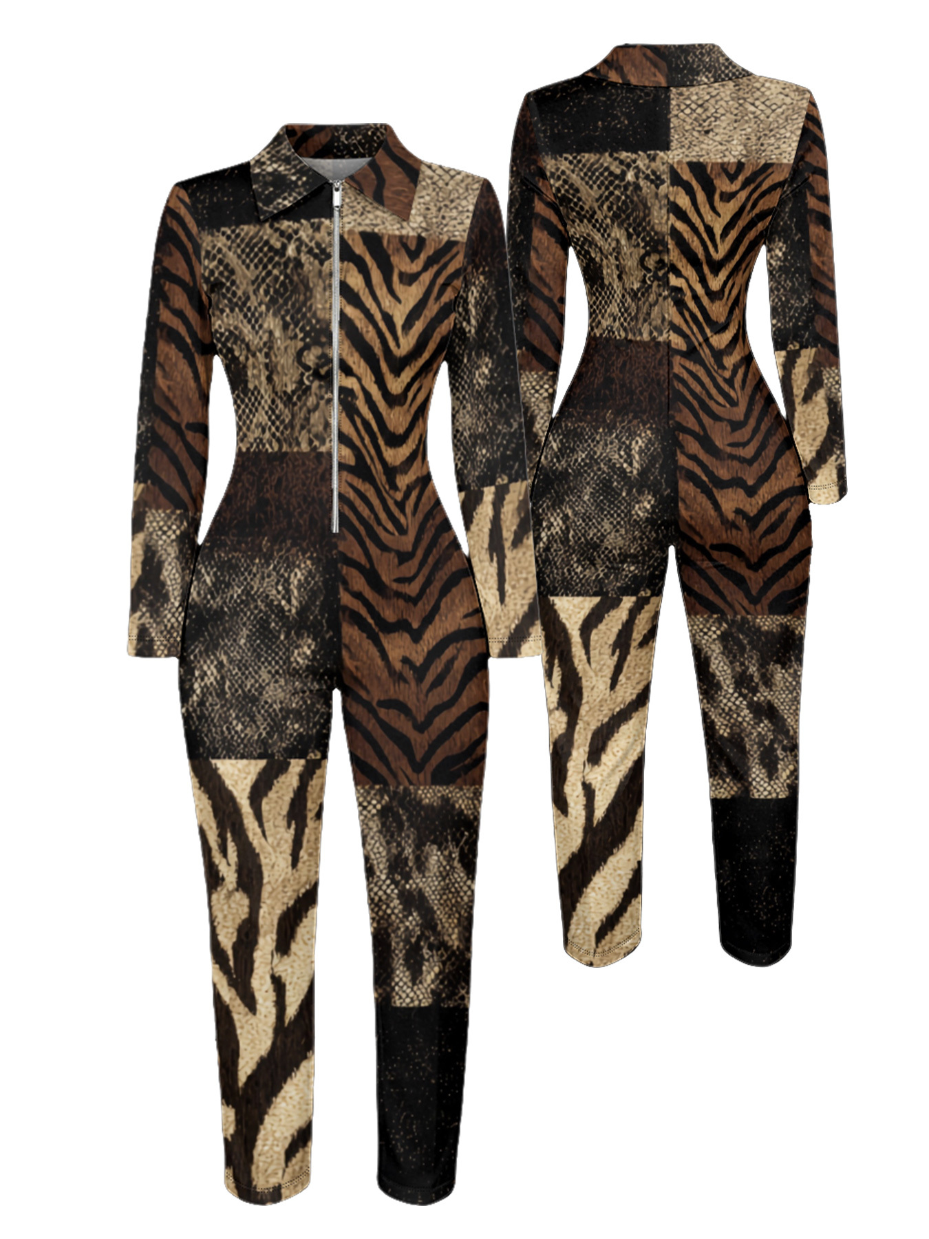 Tiger Snake Print Long Sleeve Zip-Up Jumpsuit