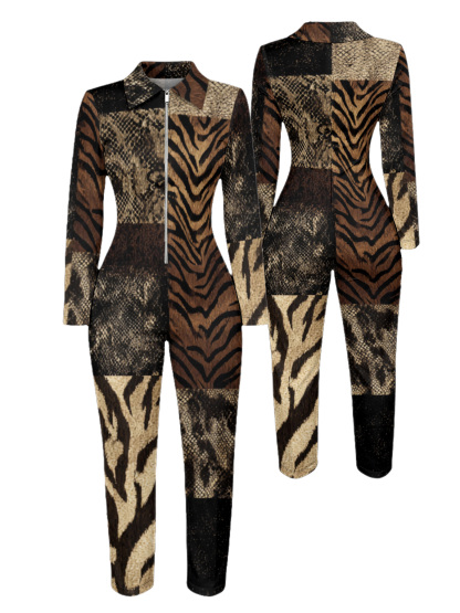 Tiger Snake Print Long Sleeve Zip-Up Jumpsuit