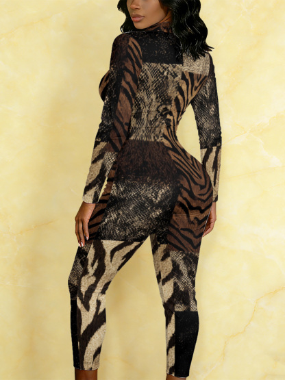 Tiger Snake Print Long Sleeve Zip-Up Jumpsuit