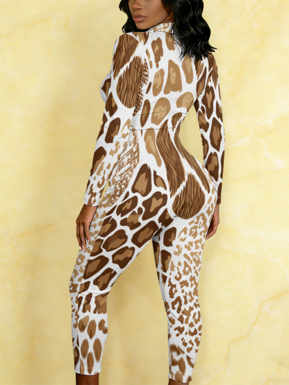 Mixed Leopard Print Long Sleeve Zip-Up Jumpsuit