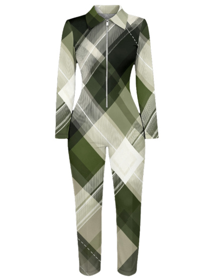 Green Plaid Long Sleeve Zip-Up Jumpsuit