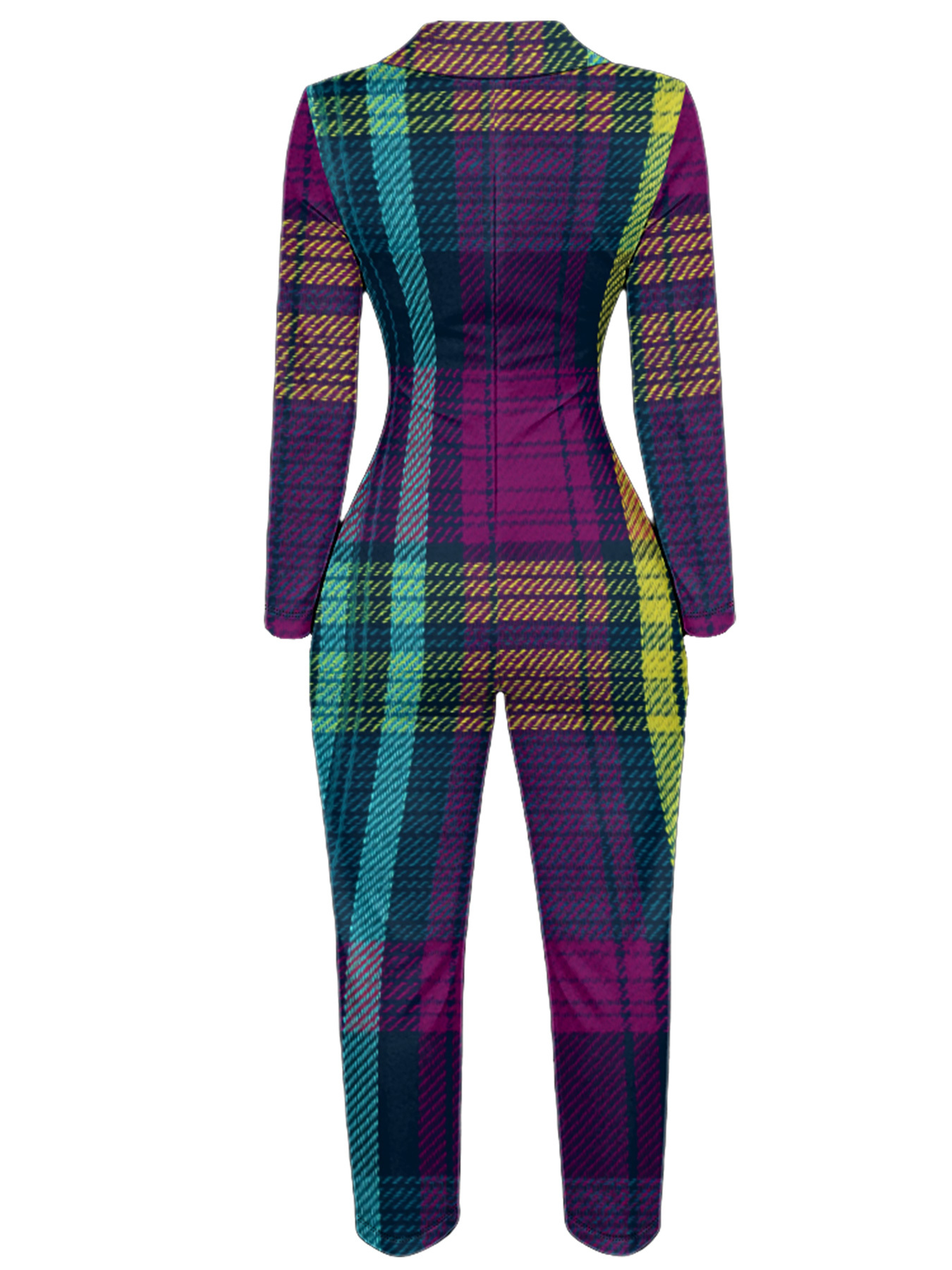 Vibrant Plaid Long Sleeve Zip-Up Jumpsuit