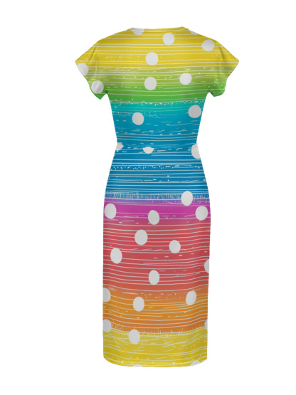 Rainbow Polka Dot Cap Sleeve V-Neck Midi Dress