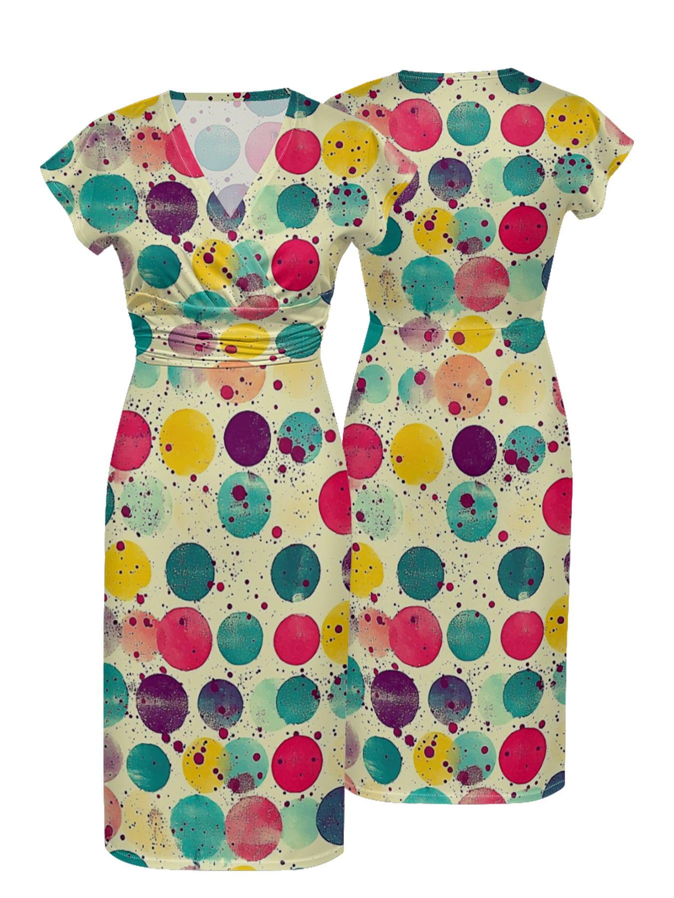 Colorful Polka Dot Cap Sleeve V-Neck Midi Dress