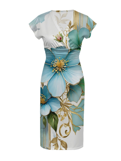 Teal Floral Gold Foil Cap Sleeve V-Neck Midi Dress