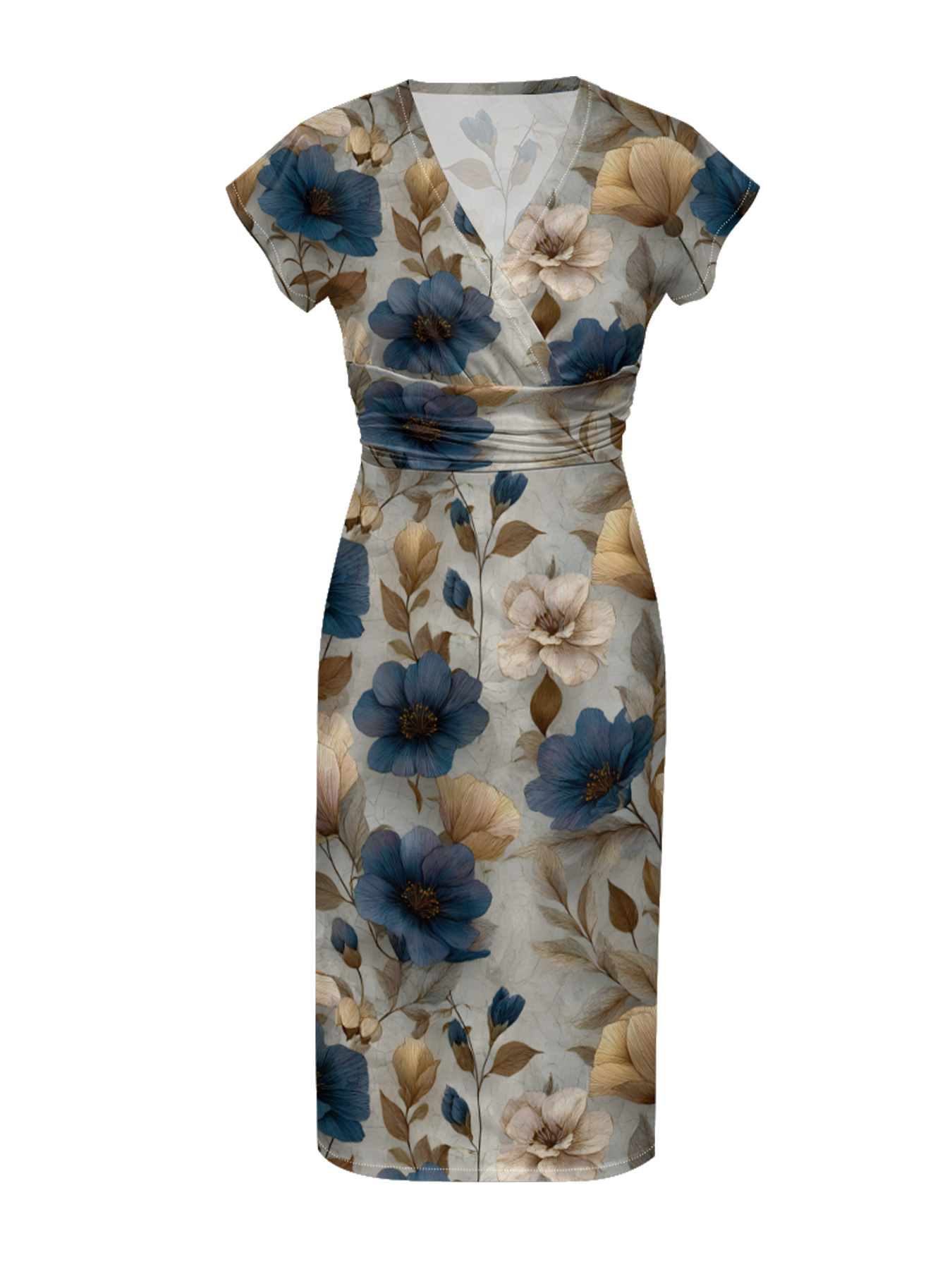  Vintage Floral Cap Sleeve V-Neck Midi Dress