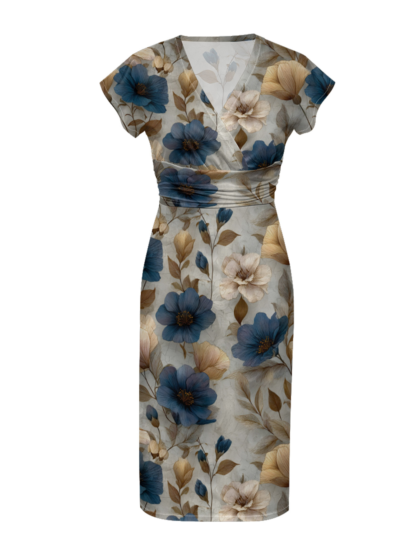 Vintage Floral Cap Sleeve V-Neck Midi Dress