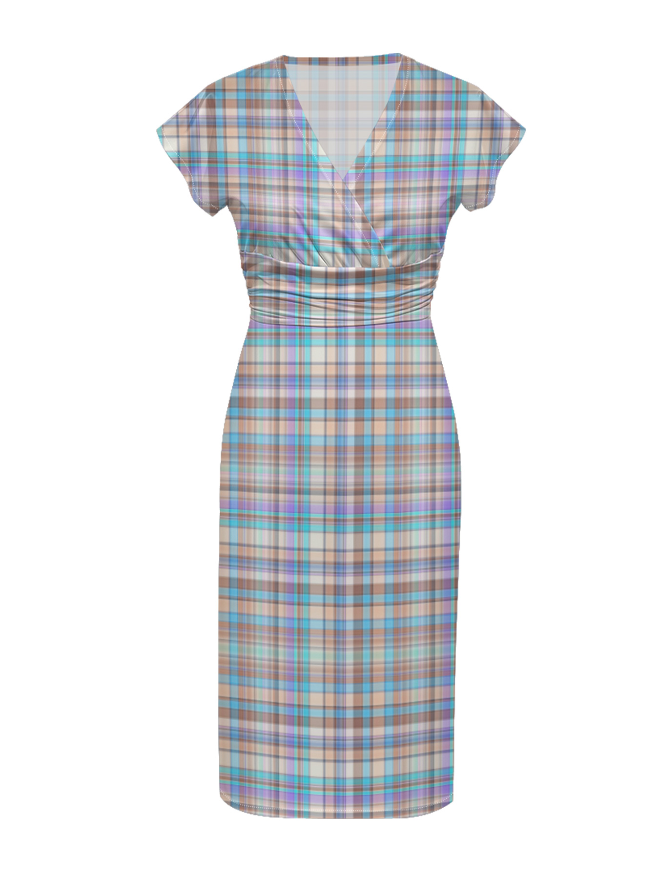 Pastel Plaid Cap Sleeve V-Neck Midi Dress