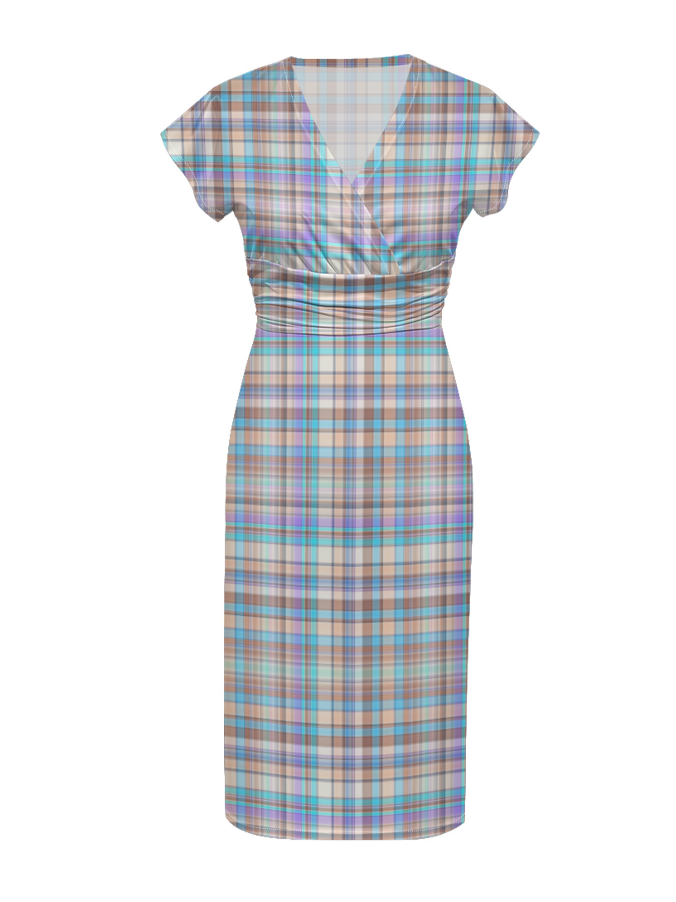 Pastel Plaid Cap Sleeve V-Neck Midi Dress