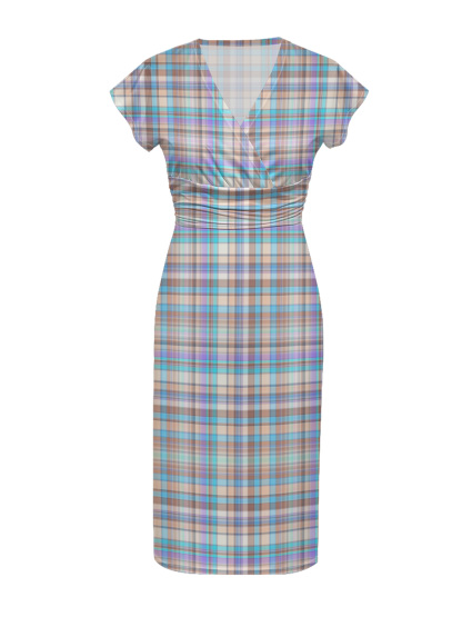 Pastel Plaid Cap Sleeve V-Neck Midi Dress